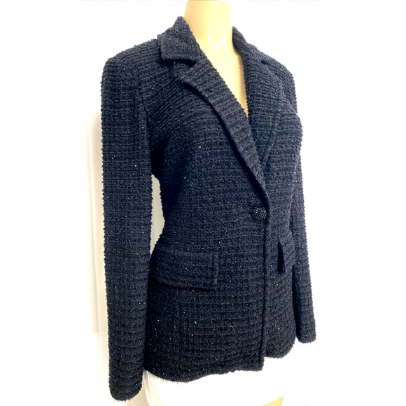 St John Jacket Blazer Knit Black Textured Tweed One Button Shimmer Long Sleeve 6 - Picture 2 of 8
